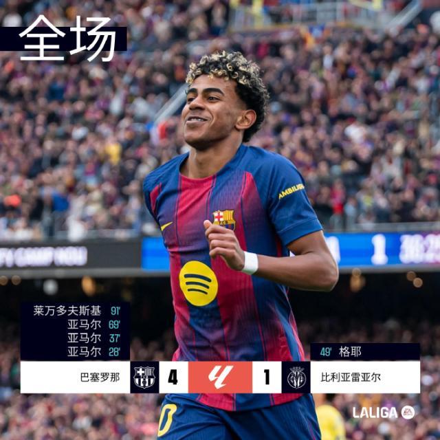 必一运动平台-【西甲】亚马尔生涯首帽！巴萨4比1黄潜领先皇马4分